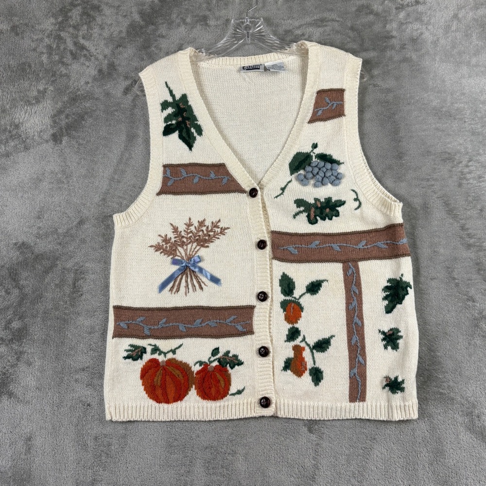 Vintage Capacity Fall Harvest Embroidered Vest Womens L Pumpkin Grapes Wheat